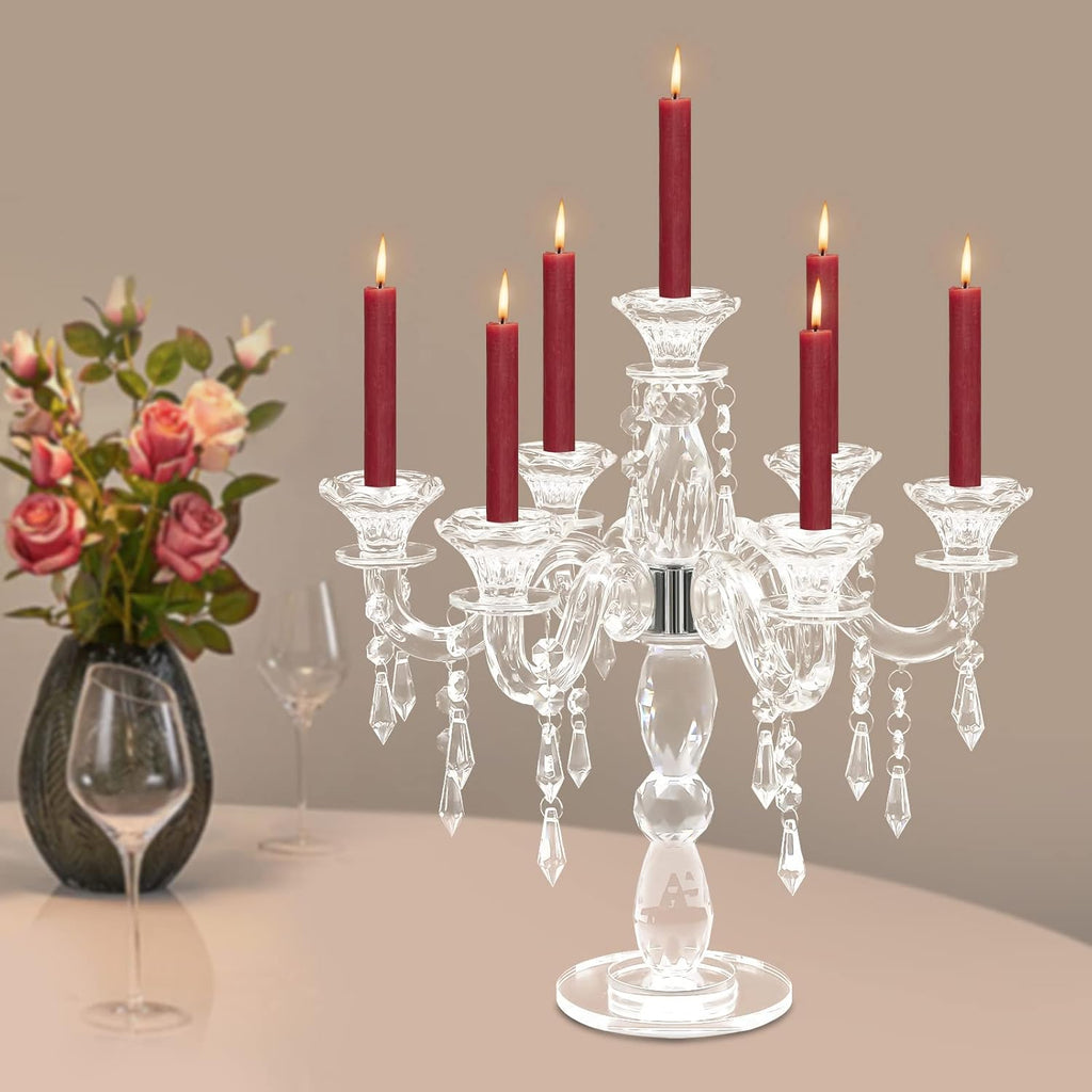 7 Arm Crystal Floor Candelabra Wedding Table Centerpieces,14 Inches Tall Candlesticks Candle Holder Stand for Dinner