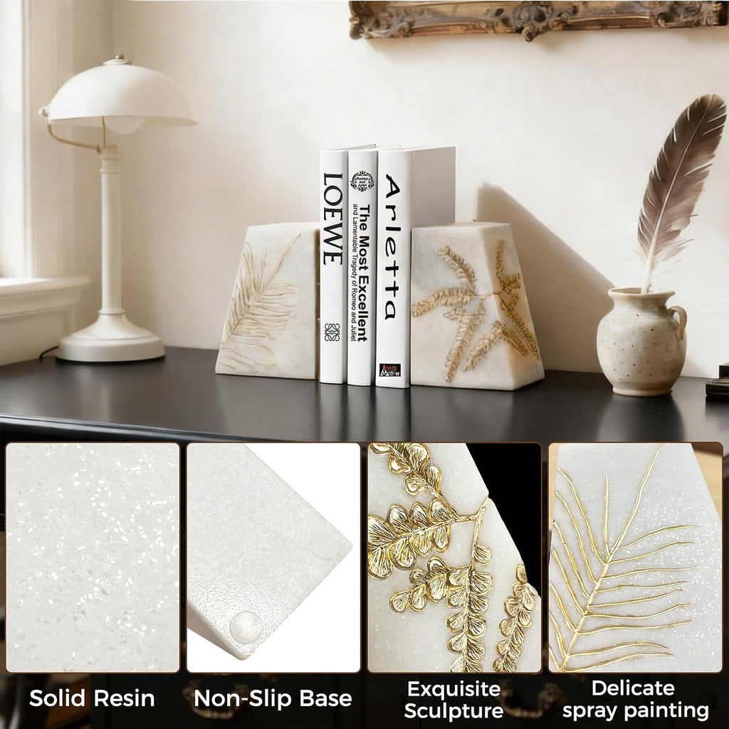 Heavy Duty Book Ends for Shelves, Decorative Book Ends for Heavy Books, Resin Modern Bookends with Marble Texture &