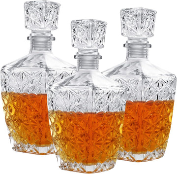 Glasses Decanter,26 oz Diamond Pattern Wine Bottle with Lid,Delicate Decanter Set-for Tequila, Brandy, Scotch - Set of 3