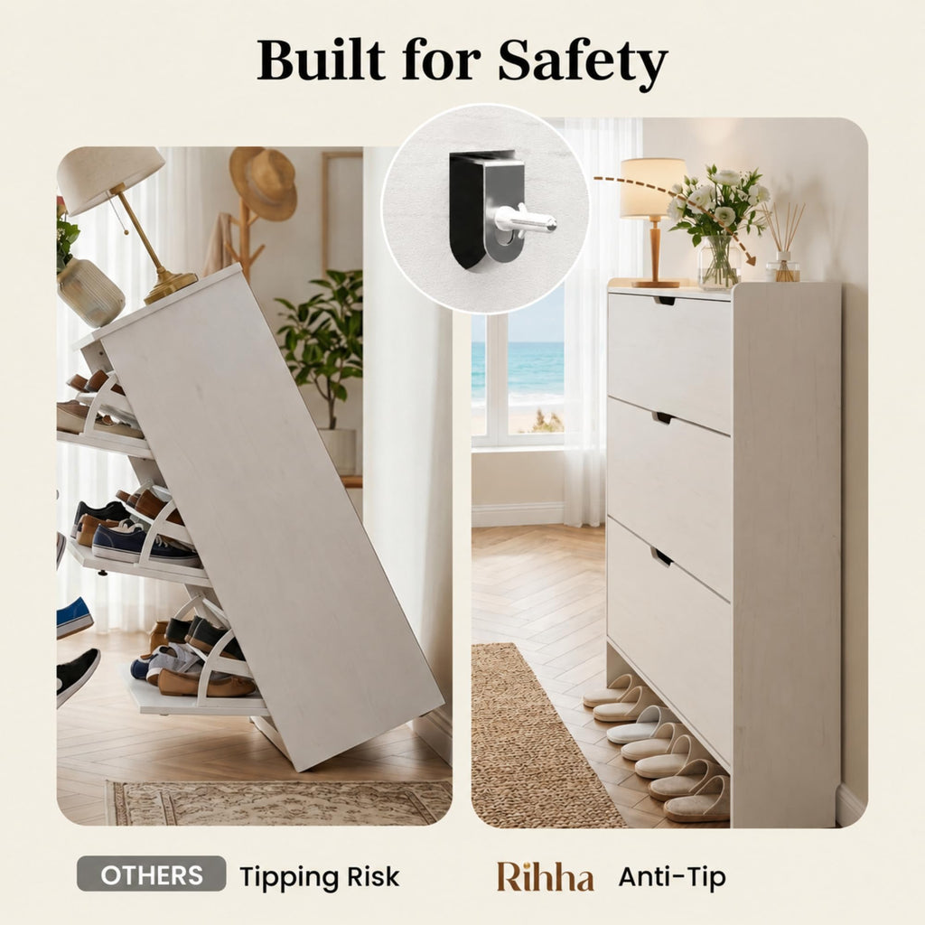 White Slim Shoe Cabinet with 3 Flip Drawers, 52" Tall Narrow Shoe Storage Cabinet, Hidden Shoe Organizer Cabinet