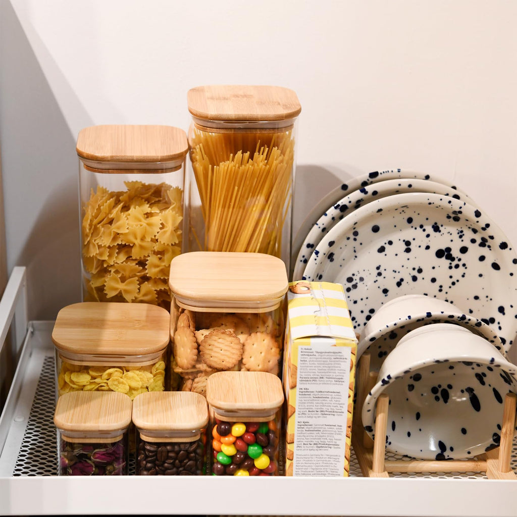 Glass Food Storage Jars Square 44oz, 3 Pack Glass Jars With Bamboo Lids, Kitchen Storage Containers For Spice, Candy