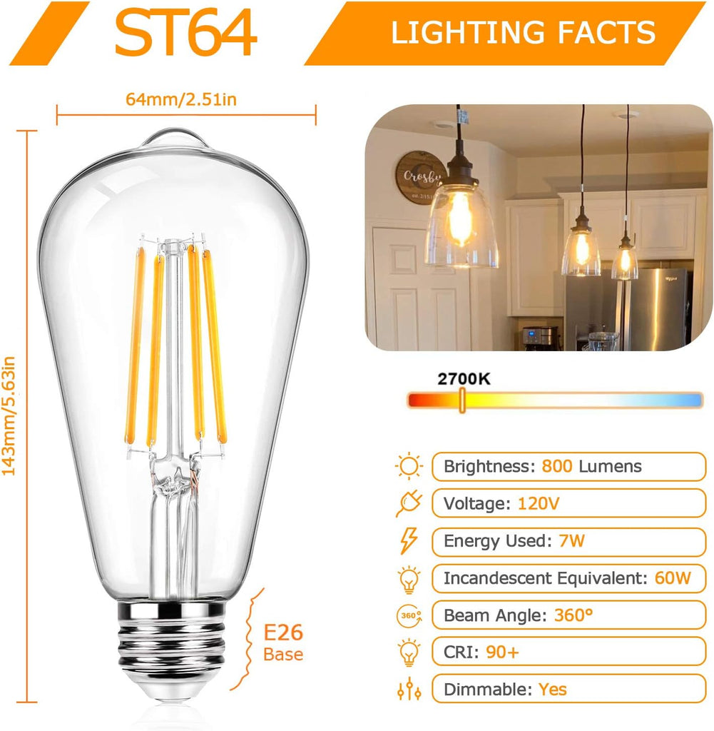 ST64 Large Vintage LED Edison Bulbs, 60W Equivalent 7W, 800Lumens, Dimmable Antique LED Filament, 2700K Warm