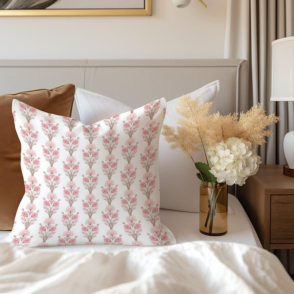 Pink Floral Stripe Decorative Pillow Covers Flower Print Artistic Cushion Covers 18x18in Pillow Cover Linen