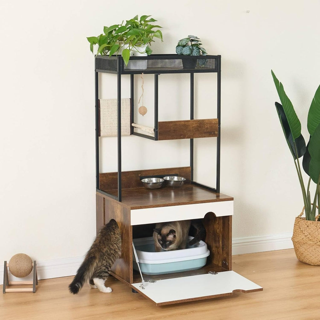 48" Tall Hidden Cat Litter Box Enclosure with Cat Tree Tower, Scratching Pads, and Ample Storage Space, Industrial