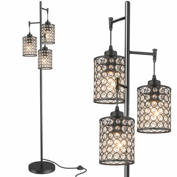 Modern 3-Light Tree Floor Lamp Crystal Standing Lamp, Black