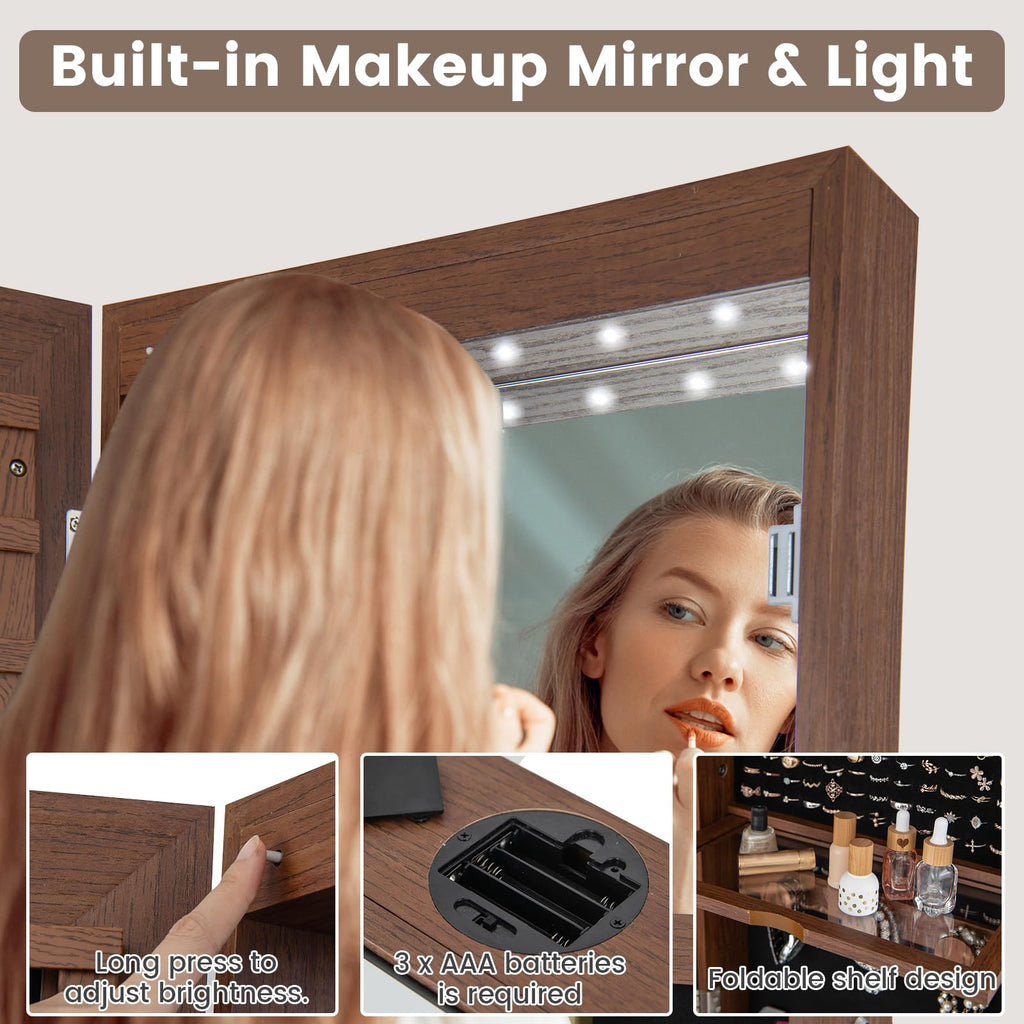 360 Rotating Jewelry Cabinet with Full Length Mirror, Standing LED Jewelry Armoire, Lockable Organizer with Hair