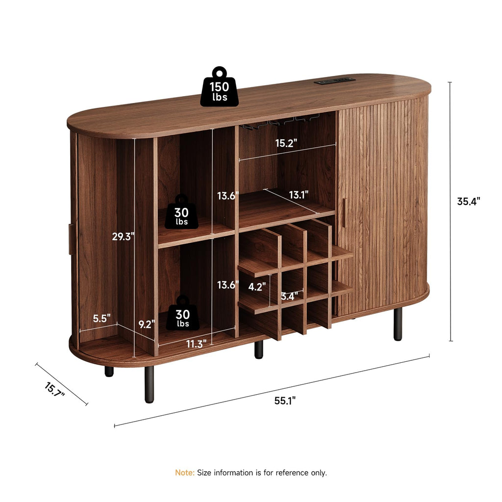 55" Fluted Wine Bar Cabinet with LED Light Walnut