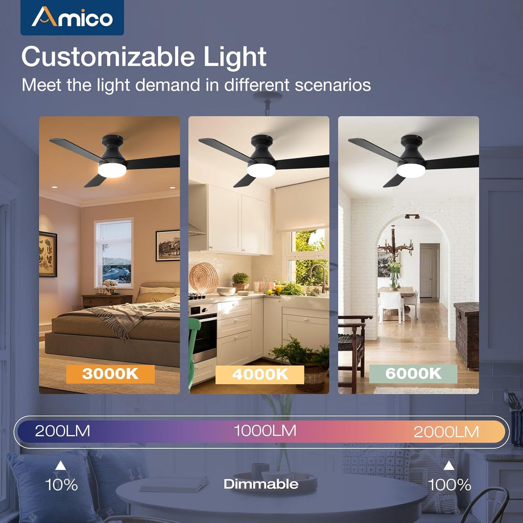 Ceiling Fans with Lights, 42 inch Low Profile Ceiling Fan with Light and Remote Control, Flush Mount, Reversible, 3CCT, Dimmable, Noiseless, Black Ceiling Fan for Bedroom, Indoor/Outdoor Use A102-B0C61JBT71