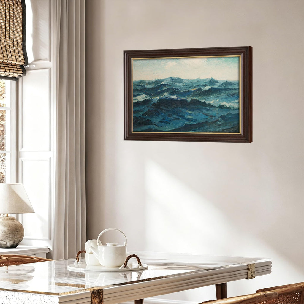 Framed Vintage Ocean Wave Canvas Wall Art, Antique Impressionist Seascape Oil Painting Prints, Teal Blue Coastal Wall