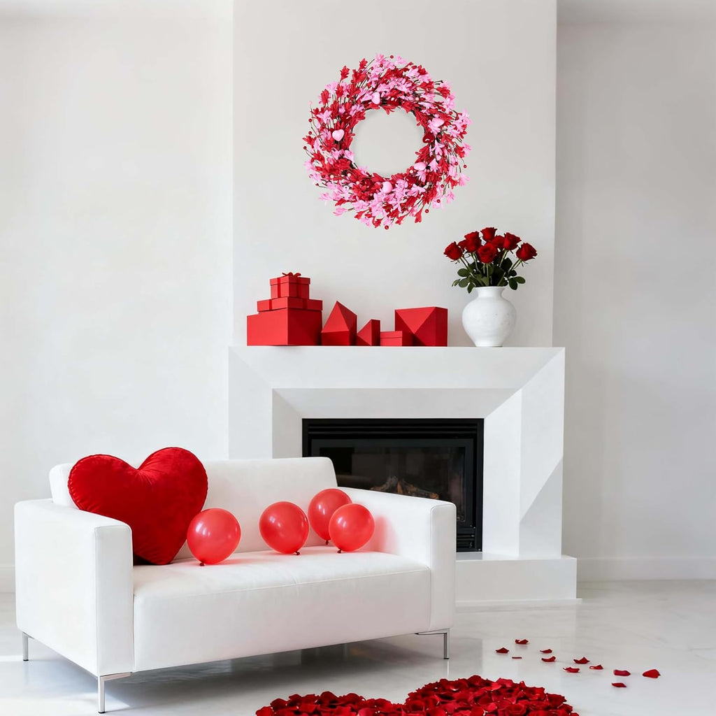 Valentine's Day Wreath 22 Inch Valentines Day Wreaths for Front Door Pink Floral Wreath with Red Love Heart Berries