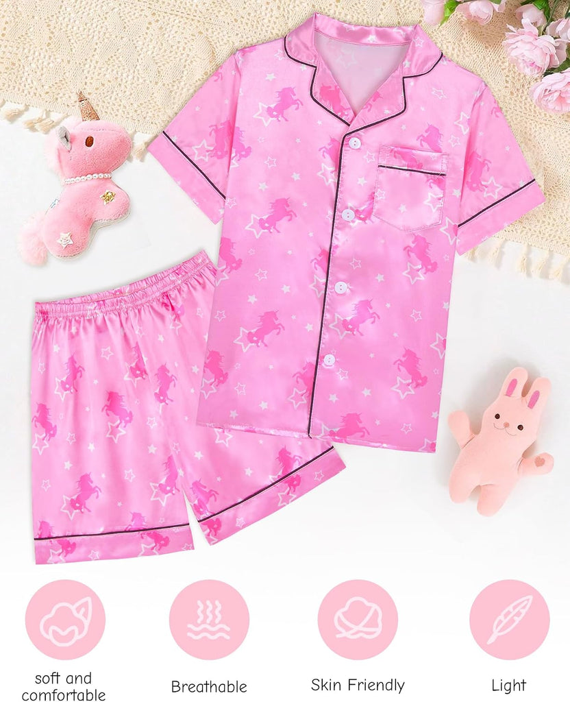 Kids Girls Pajama Set Silky PJS Button-Down Sleepwear Nightwear Loungewear Clothes Set Gifts