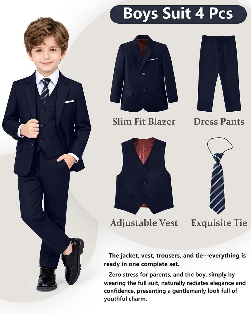 Boys Suit 4 Pieces Slim Fit Set Suits Kids Formal Wedding Tuxedo Outfit