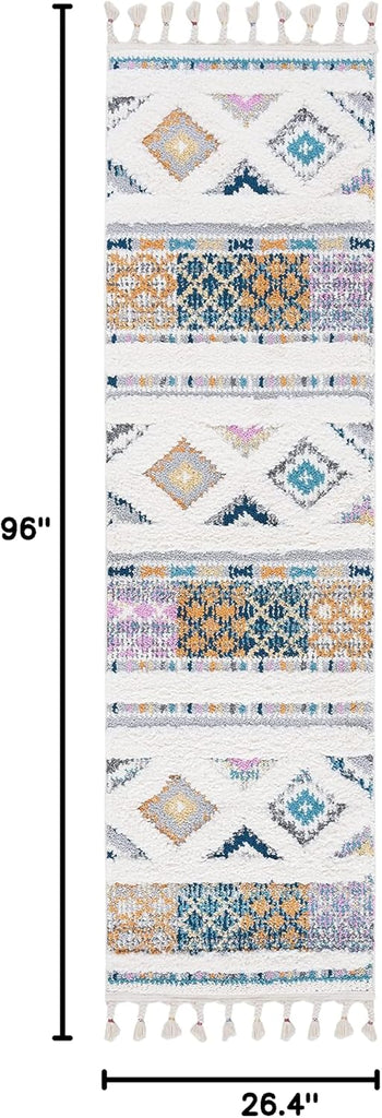 Moroccan Fringe Shag Collection Runner Rug - 2'2" x 8', Ivory & Navy, Boho Design, Non-Shedding & Easy Care, 1.2-inch