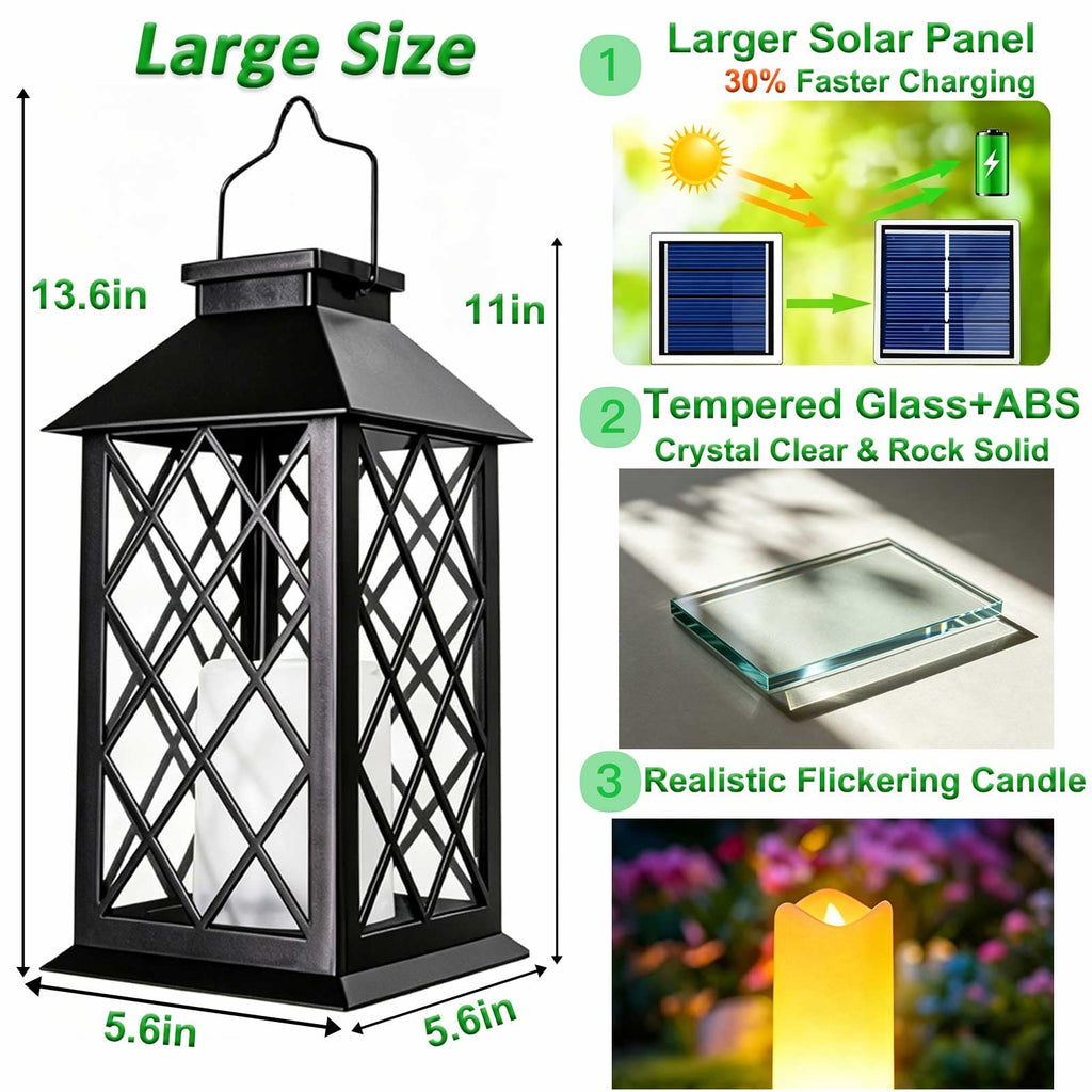 14" Large Tempered Glass Solar Lanterns Outdoor Waterproof, Black