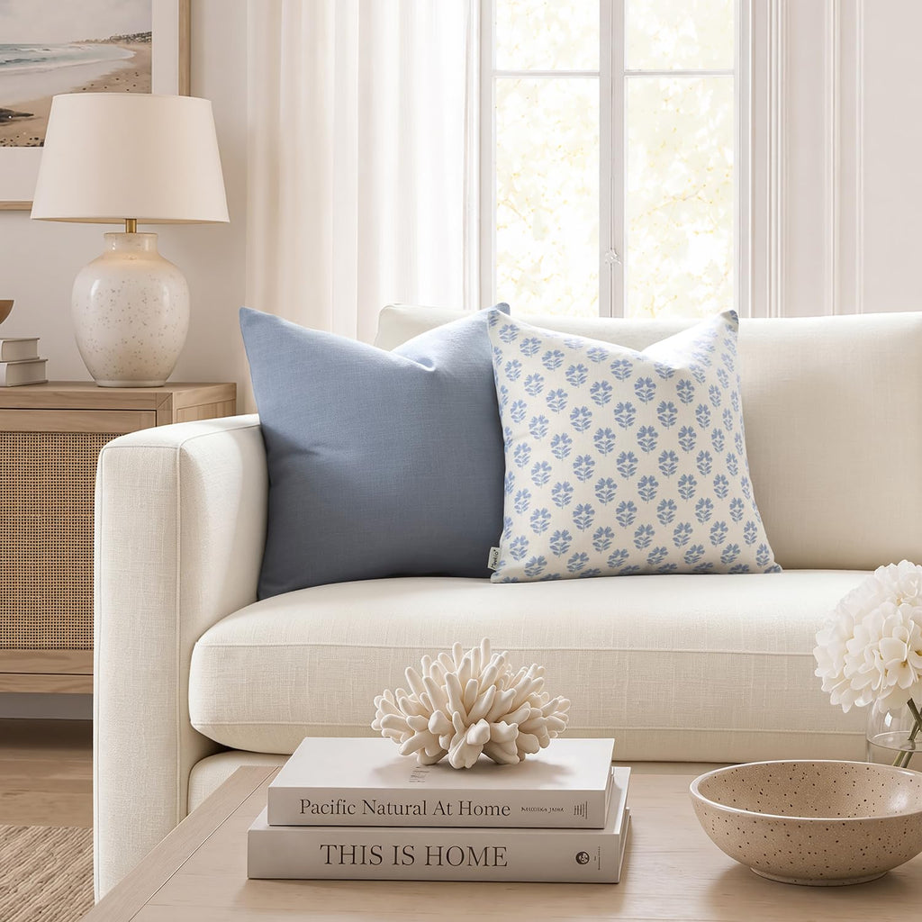 Linen Blend Throw Pillow Covers 20x20 Set of 2, Dusty Blue