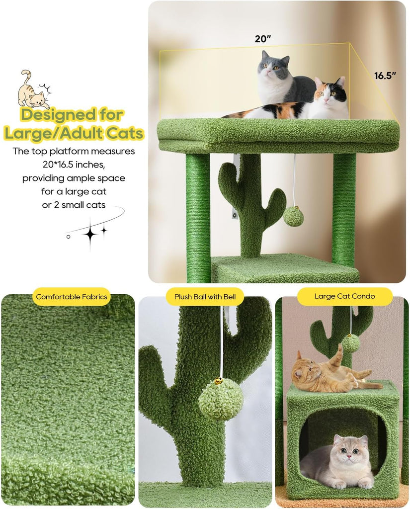 27" Cactus Cat Tree for Indoor Cats, Green Modern Activity Tower