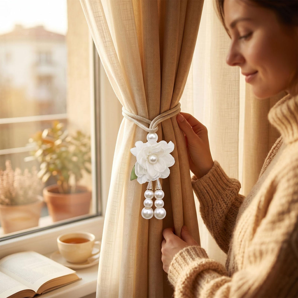 Adjustable Curtain Tiebacks, 4pcs(2pair) Hand-Woven Rope with Silk Flower & Pearl, Decorative Window Cord Holders