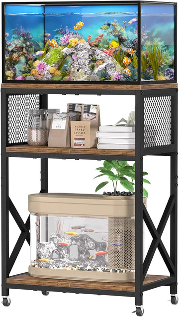 10 Gallon Aquarium Stand, 3-Tier Fish Tank Stand with Wheels, Heavy Duty Metal Frame with Mesh Side Panels