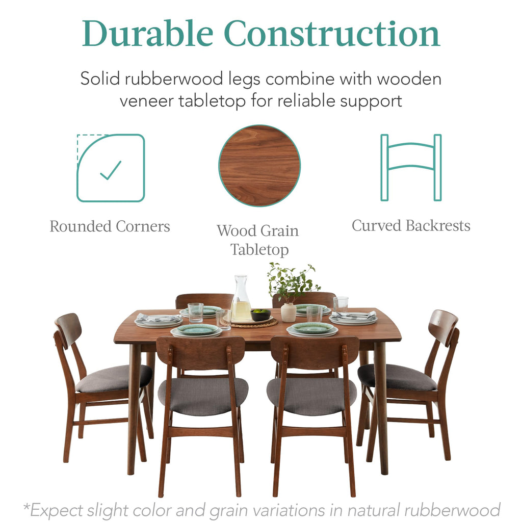 7-Piece Wooden Dining Room Table Set, Mid-Century Modern, Kitchen Table w/ 6 Chairs, Upholstered Cushions, Curved