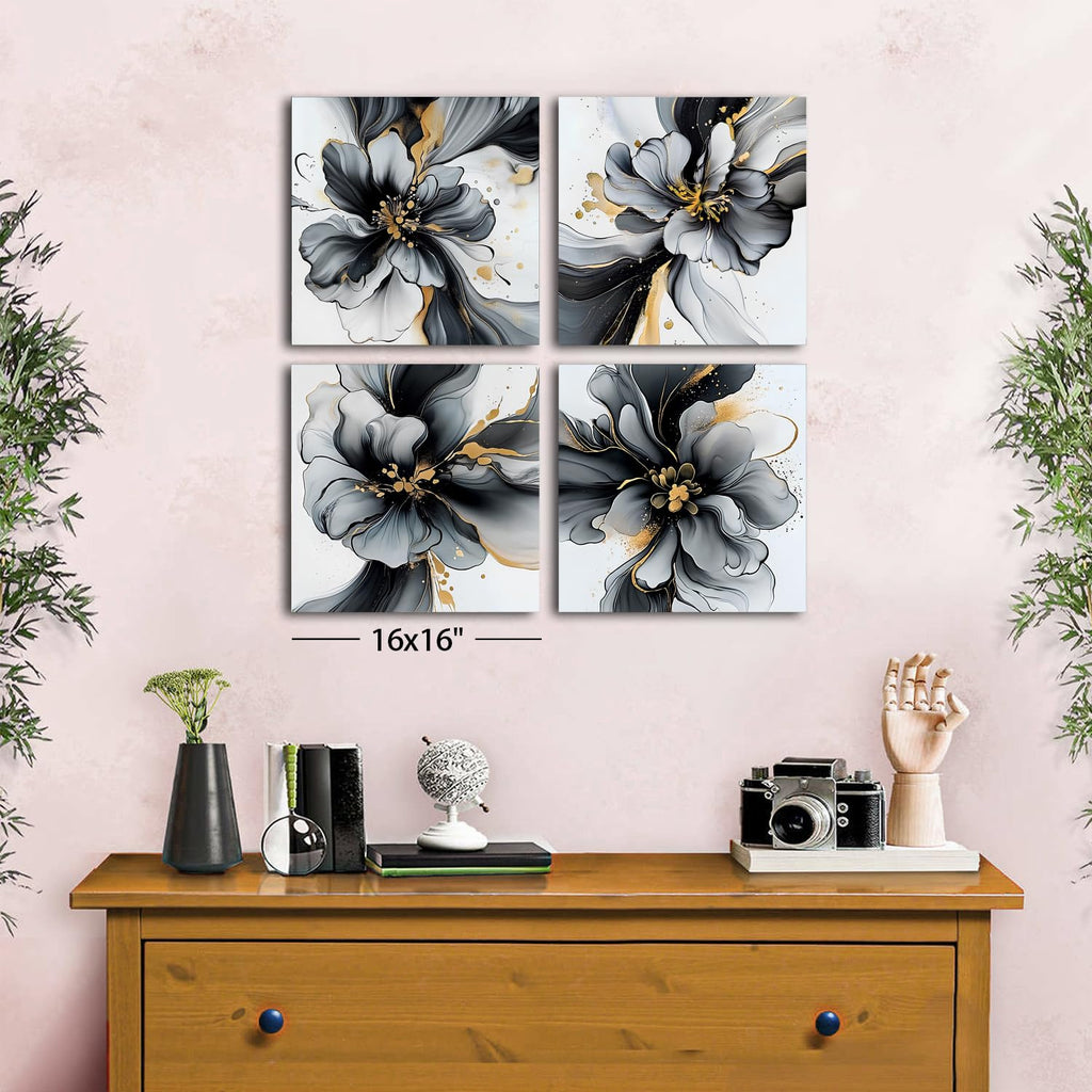 Black and White Abstract Wall Art Framed Marble Flowers Pictures Bathroom Wall Decor Gold Foil Fluid Lines Posters