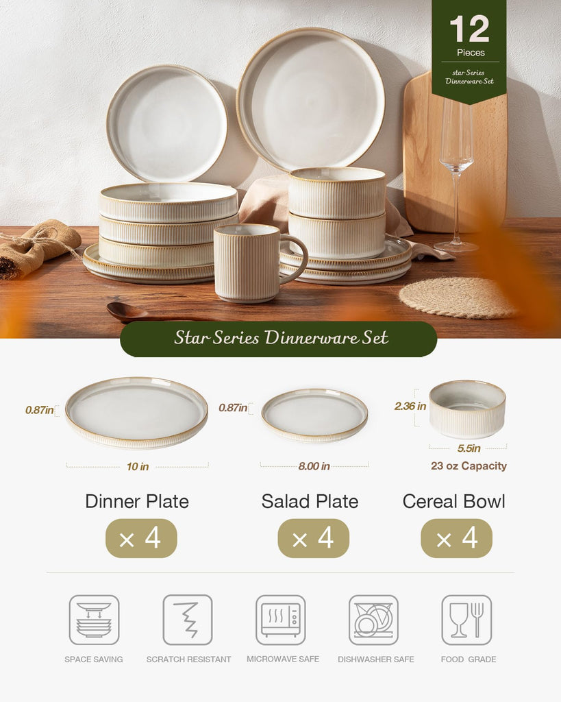 Star Stoneware Dinnerware Set, Reactive Glaze Plates & Bowls for 4