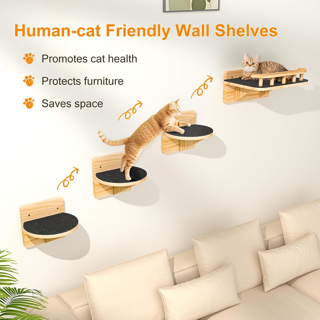 Cat Wall Shelves, Cat Wide Climber Shelf with 3 Perch Steps, Kitty Wall Mounted Wooden Furniture up to 25lbs, Durable
