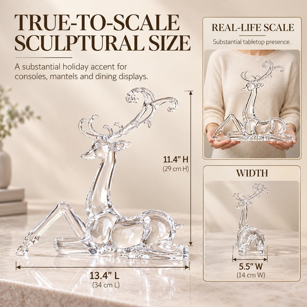 11.4" Tall Large Reindeer Christmas Decoration, Acrylic Clear Deer Figurine with Glass-Like Crystal Finish, High End