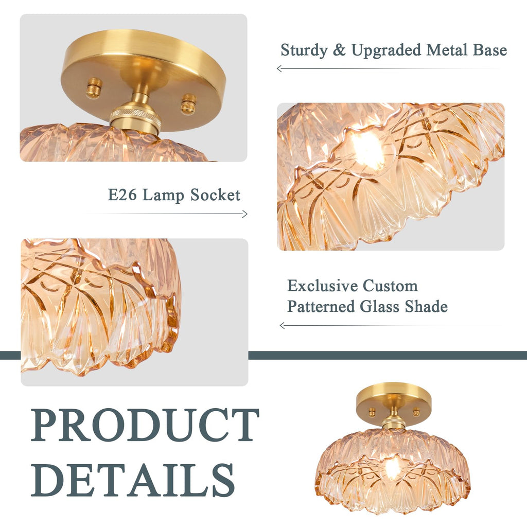 Hallway Lights Fixture Ceiling, Amber Semi Flush Mount Ceiling Lights, 9.4" Flower Light E26 Vintage Light Fixtures for