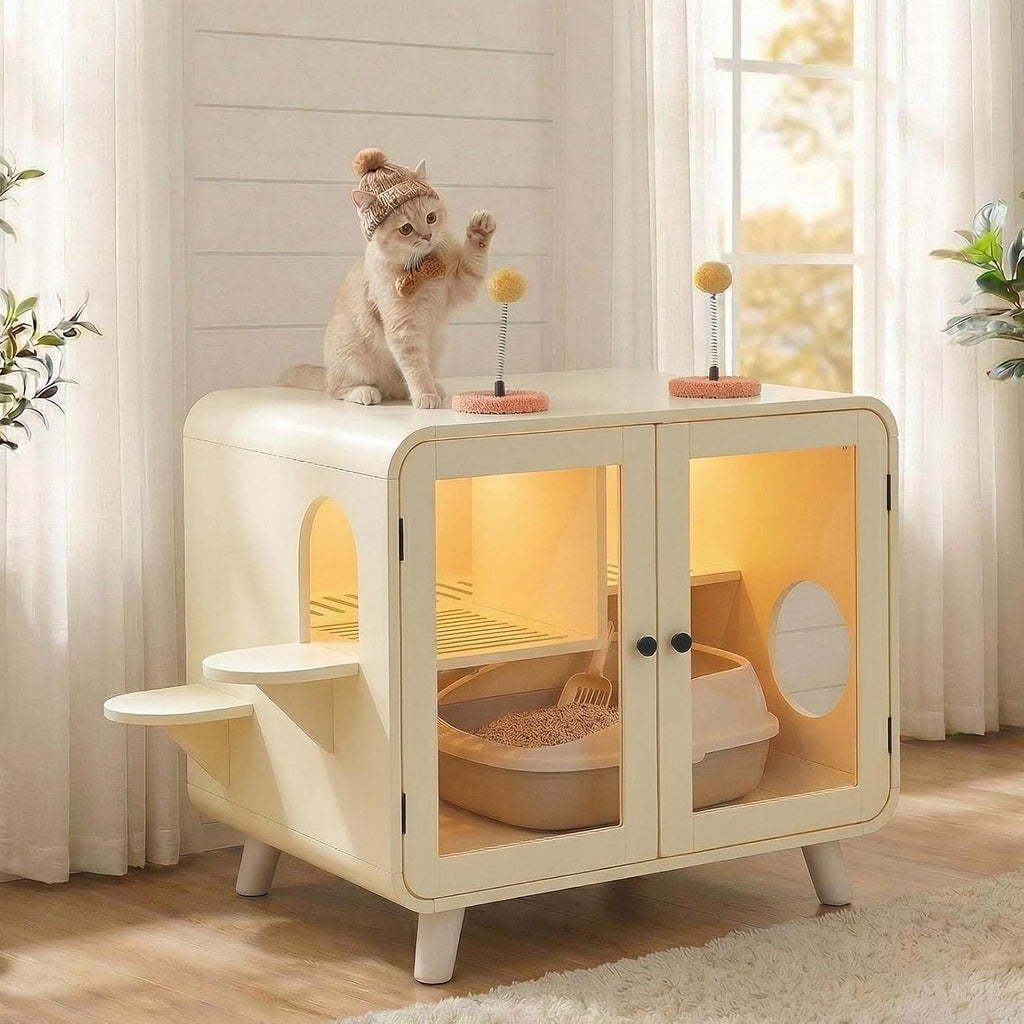 Cat Hidden Litter Box Enclosure with RGB LED Light, TV-Style Cat Litter Box Furniture Cabinet with Glass Doors, Side