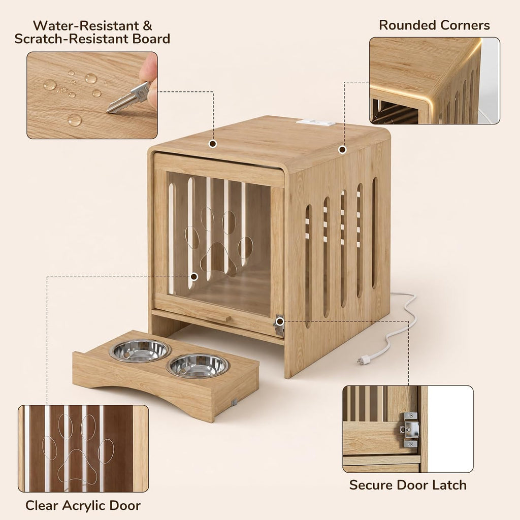 Modern Dog Crate Furniture, Wood Side Table for Small Dogs, Power Outlet