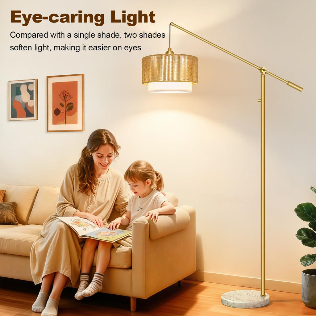 Boho Dimmable Arc Floor Lamp with Adjustable Swing Arm, Gold & Marble Base