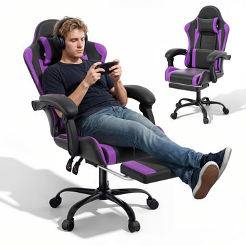 Gaming Chair, Footrest & Lumbar Support, Height Adjust, Purple