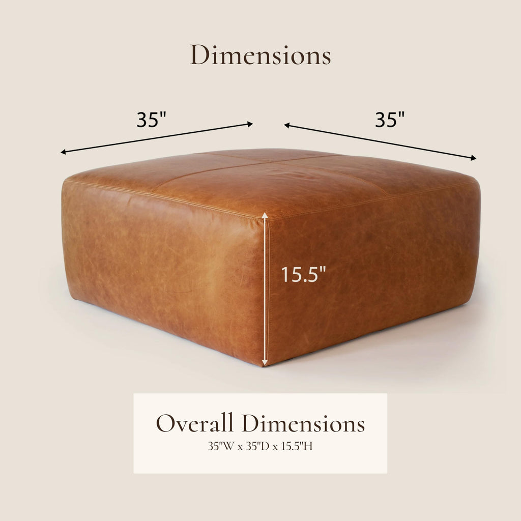 Sequoia Ottoman - 35" Square Pouf with Feather-Down Topper - Full-Grain Leather Upholstered Pouf Ottoman - Vintage