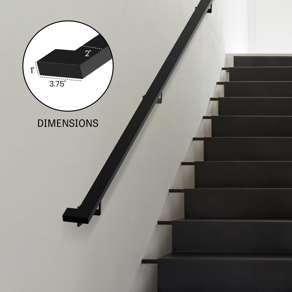 Modern Aluminum Handrail Complete DIY Kit - Matte Black with Adjustable Wall Mount Brackets Included (2' Length)