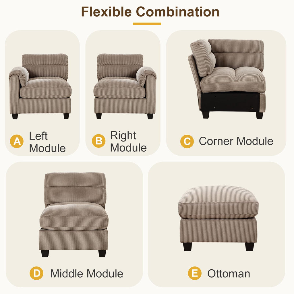 135" Modular Sectional L Shaped Corner Sofa with Movable Ottoman, Premium Corduroy 8-Seater Couches with Rolled Arms