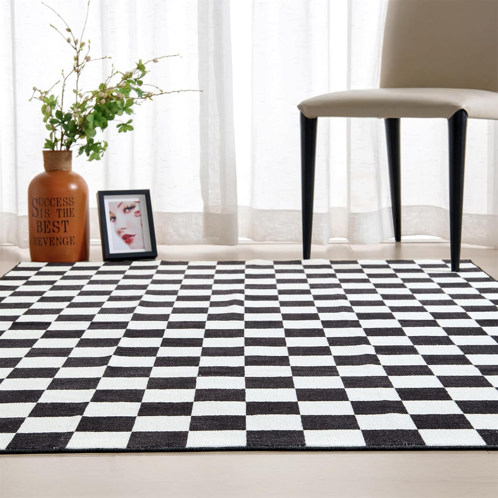 Retro Checkerboard Entryway Rugs Non Slip Indoor Geometry Carpet Washable, Ultra Thin Boho Black and White Cute