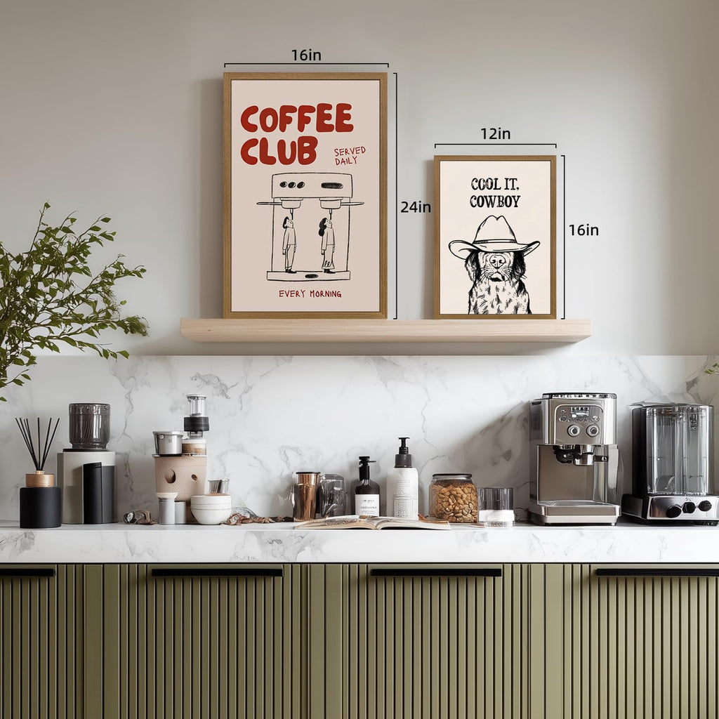 Wood Framed Funny Coffee Wall Art, Coffee Club Kitchen Wall Decor, Minimalist Line Drawing Coffee Bar Poster Print