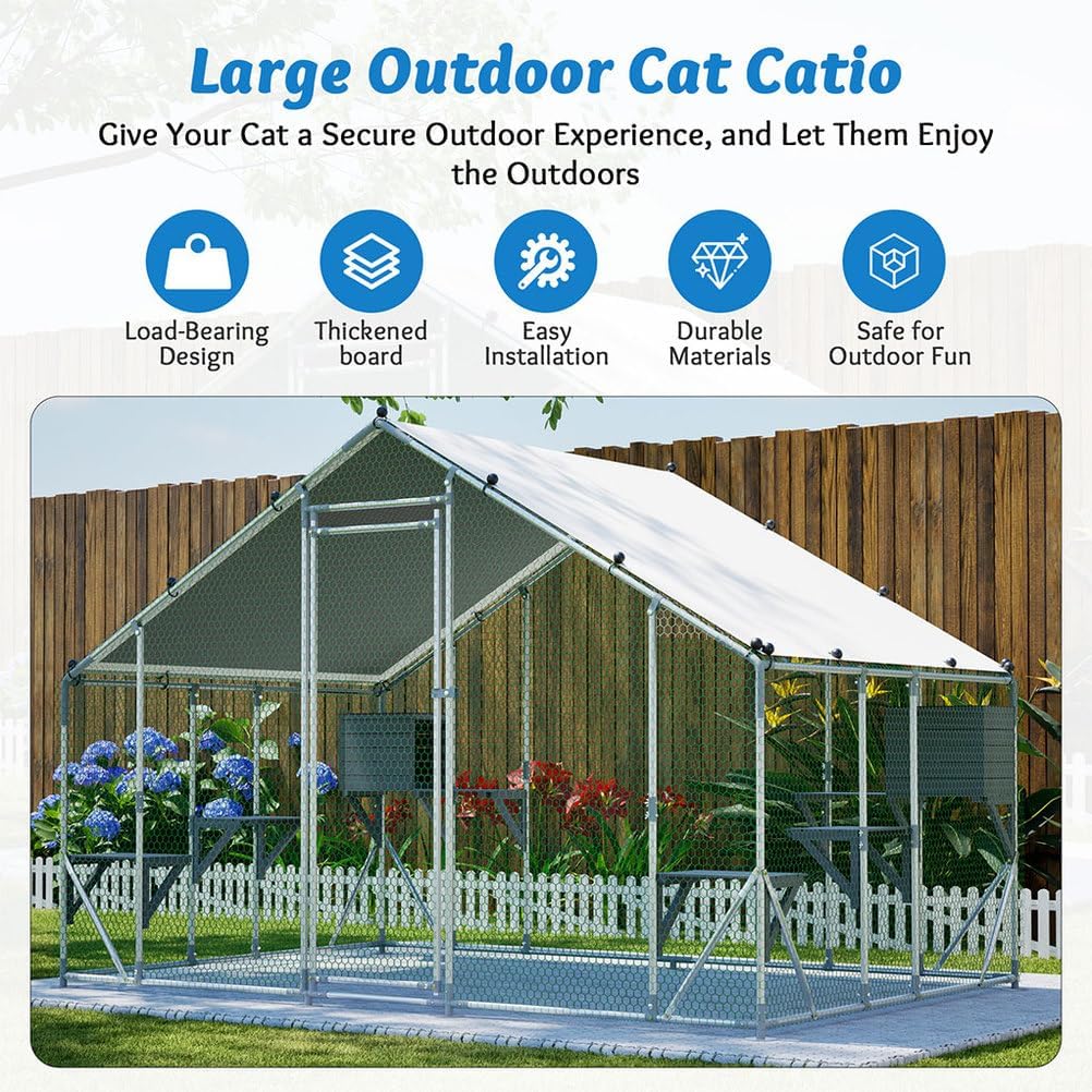 Large Outdoor Catio Cat Enclosure, 122" Metal Cat Run with Platforms, Walk-in Pet Cage with Waterproof Roof Cover