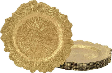 Inch Gold Charger Plates, Round Reef Pattern, Plastic, for Dinner Plates, Wedding Decor, Table Setting - Set of 12