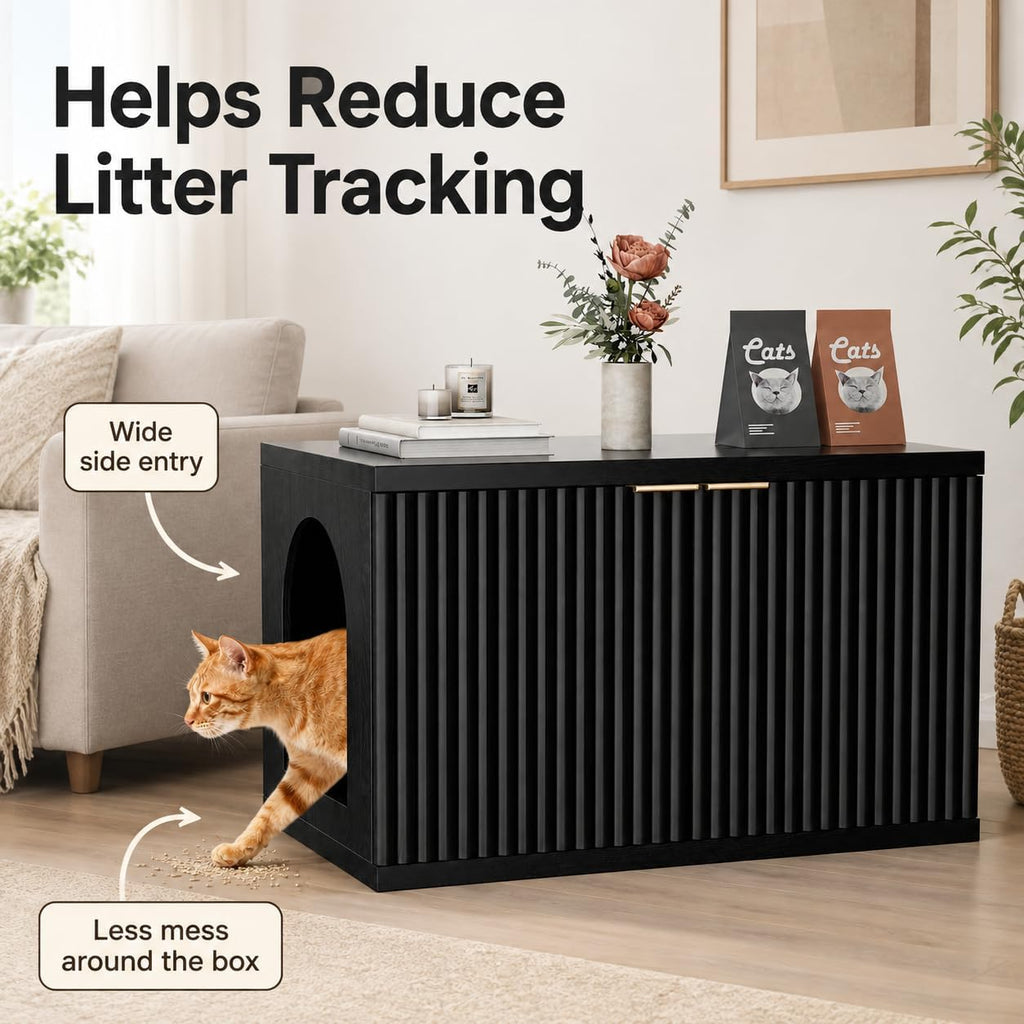 Cat Litter Box Enclosure, Modern Fluted Accent, Black