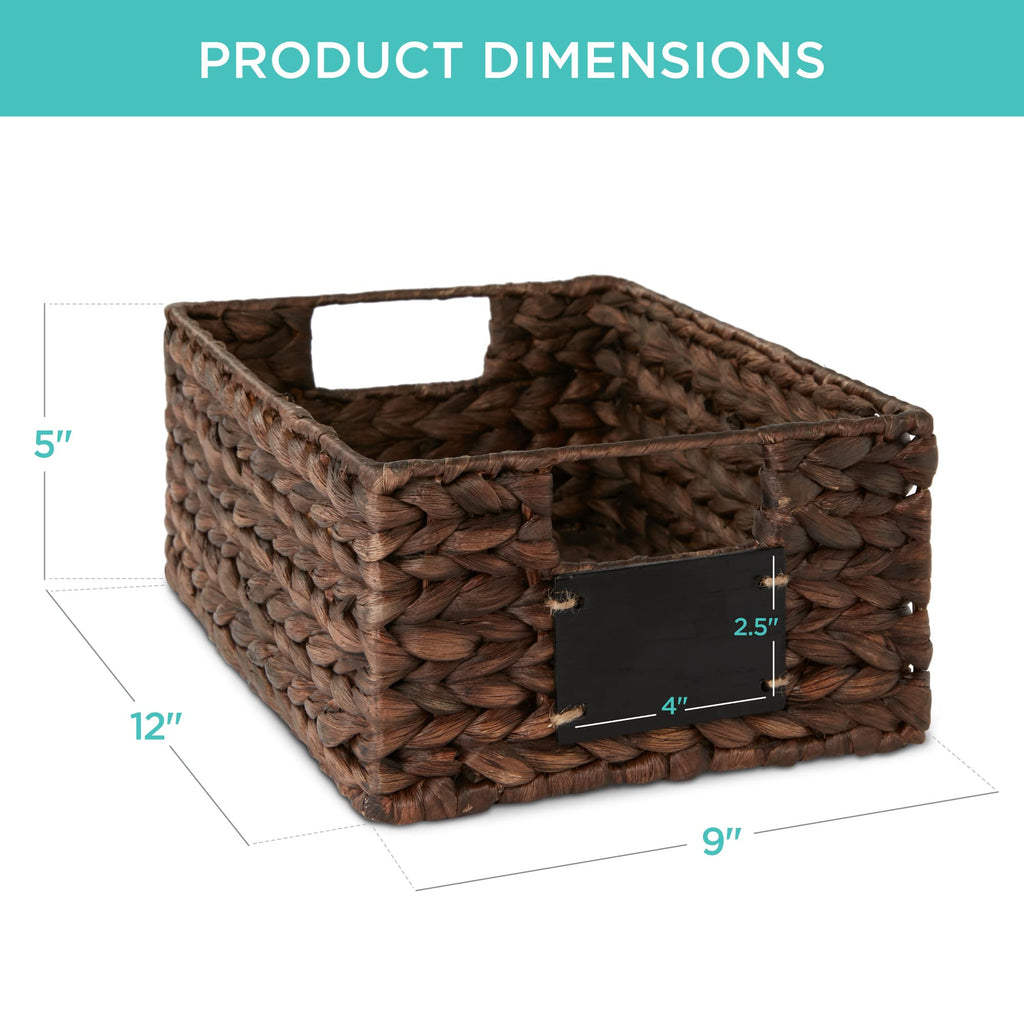 Set of 4 9x12in Water Hyacinth Pantry Baskets, Woven Organizers w/Chalkboard Label, Chalk Marker - Brown