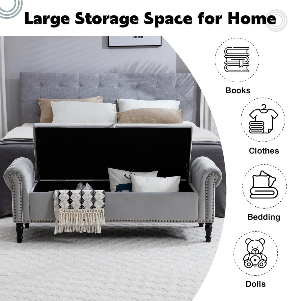 67" End of Bed Storage Bench King Size, Storage Bench End of Bed, Upholstered Velvet Tufted Storage Ottoman Benches