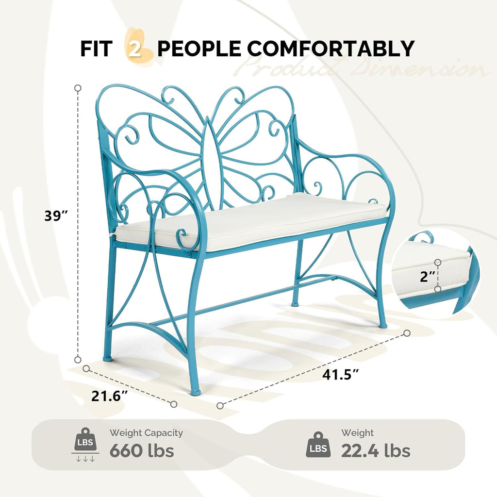 38.7in Cast Iron Outdoor Bench with Cushion, All Weather Resistant Metal Bench with Curved Armrests and Butterfly