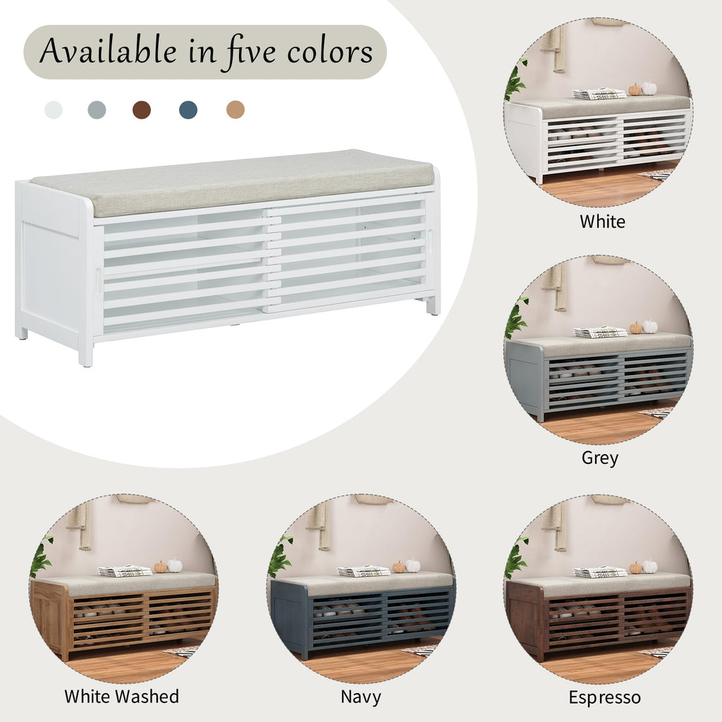 Shoe Bench with Storage and Cushion, Farmhouse Distressed Shutter Storage Bench with Retro Charm, White
