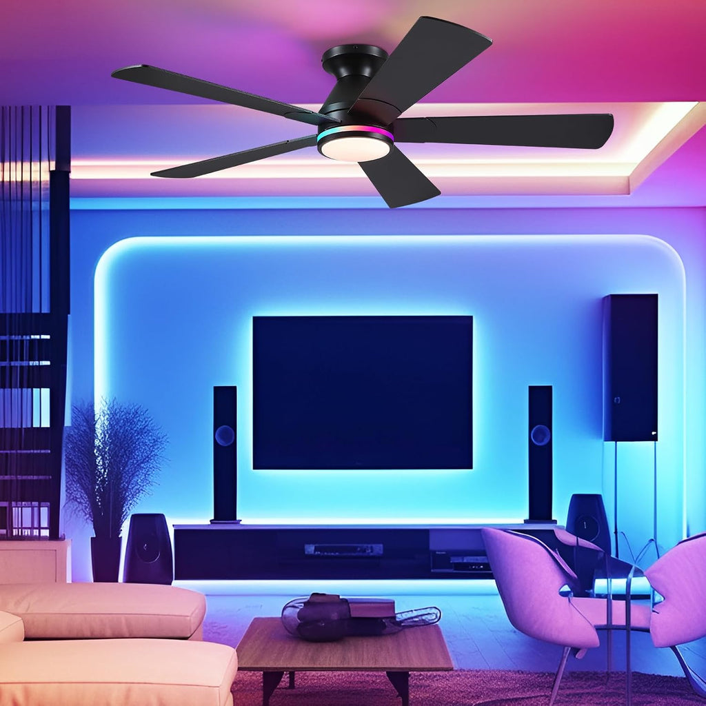 52In Black RGB Ceiling Fans with Lights - Flush Mount Low Profile Ceiling Fan Light with Remote/APP, RGB+3CCT 6 Wind Speeds and Reversible, Modern Fan Light Fixture for Party, Kid's Room A101-B0DTG9HHZY