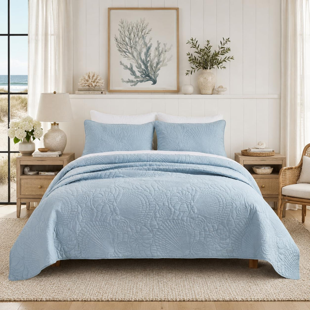 Coastal Quilt Set Cotton Dusty Blue Matelasse Coverlet Set with Seashell Stitching Heirloom Coastal Quilt