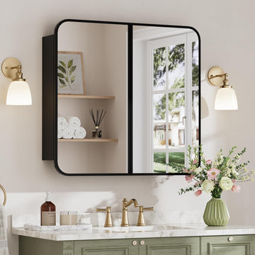 32x30 Inch Medicine Cabinet with Mirror, Rounded Corner, Double Door, Black | Fully Assembled, Recessed or Surface