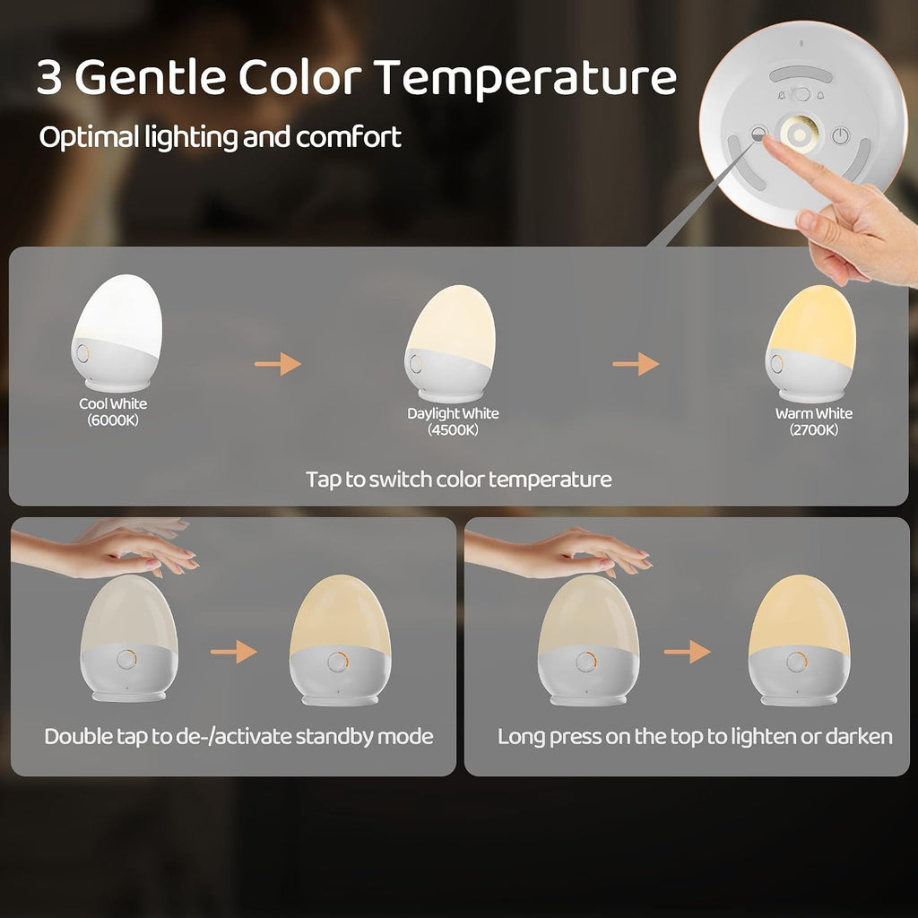 Touch Egg Night Light for Baby Nursery, Rechargeable Portable Kids Nightlight Lamp with 1-6H Feeding Timer, 3 Color