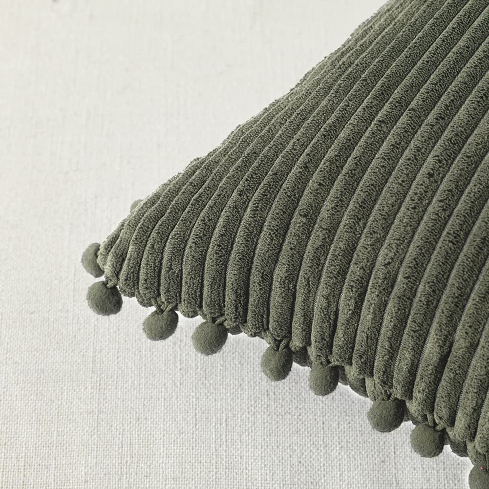 Pack of 2 Olive Green Decorative Throw Pillow Covers 22x22 Inch with Pom-poms for Couch Bed Living Room, Soft