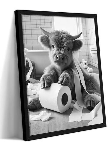 Funny Highland Cow Bathroom Wall Art, Highland Cow with Toilet Paper Canvas Print, Framed Black and White Farmhouse